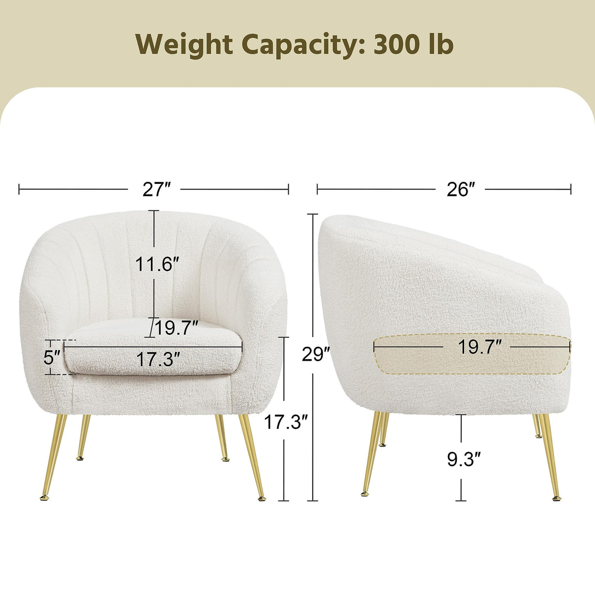 Yaheetech Sherpa Fabric Accent Chair, Modern Cozy Vanity Chair with Gold Metal Legs, Boucle Fabric Armchair with Removable Seat Cushion for Living Room Bedroom Office Guest Room, Ivory Yaheetech