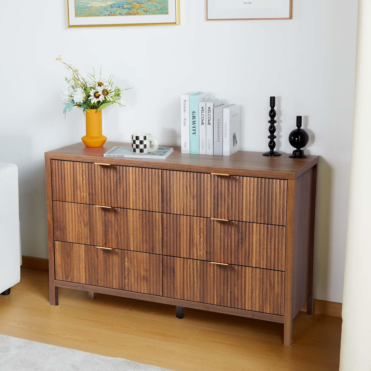 XUZENEST Fluted 6 Drawer Double Dresser for Bedroom, 47" Wide Modern Closet Dressers Chest of Drawers, Wood Storage Dresser Organizer for Nursery Bedroom Living Room Hallway Closet, Walnut XUZENEST