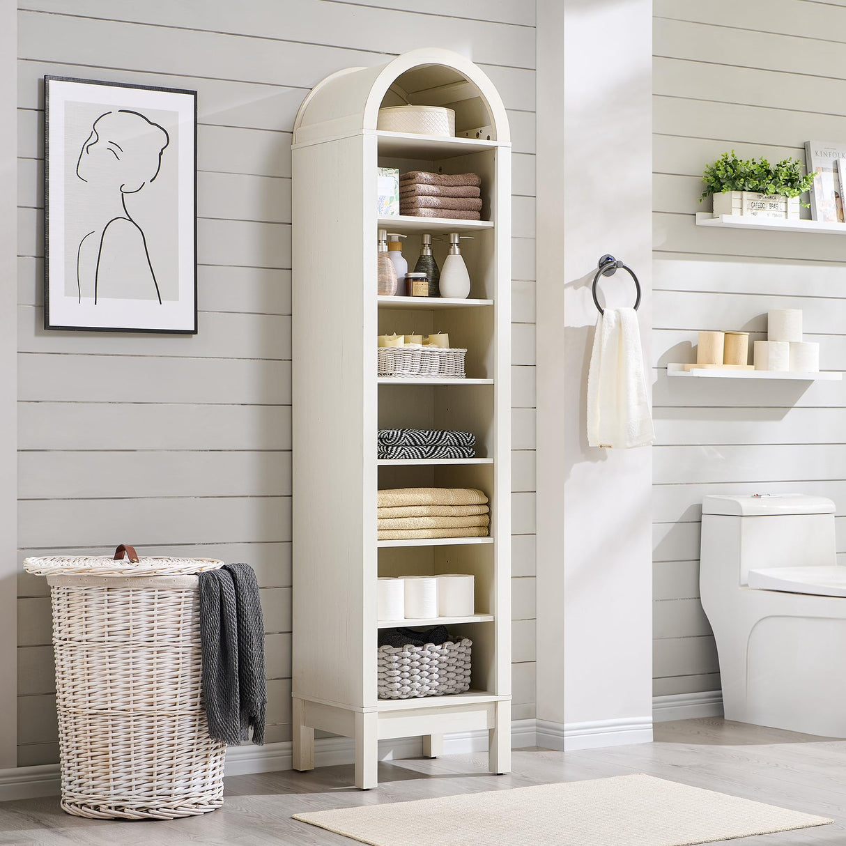 IFGET 71" Tall Arched Bookshelf, 8 Tiers Arch Bookcase with Storage, Modern Farmhouse Book Shelf with Adjustable Shelves, Wood Bookshelf w/Open Display Shelves for Living Room, Office (Antique White) IFGET