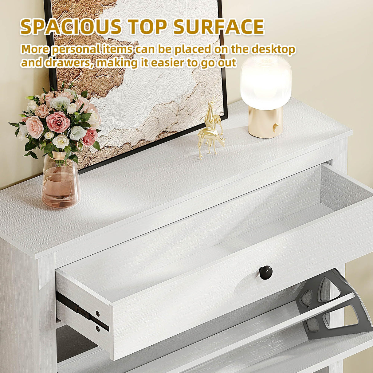 DWVO Narrow Shoe Cabinet with 2 Flip Drawer Slim White Shoe Storage Cabinet with Drawer, Adjustable or Removable Hidden Shoe Rack Free Standing Shoe Cabinet Organizer for Entryway, Hallway DWVO