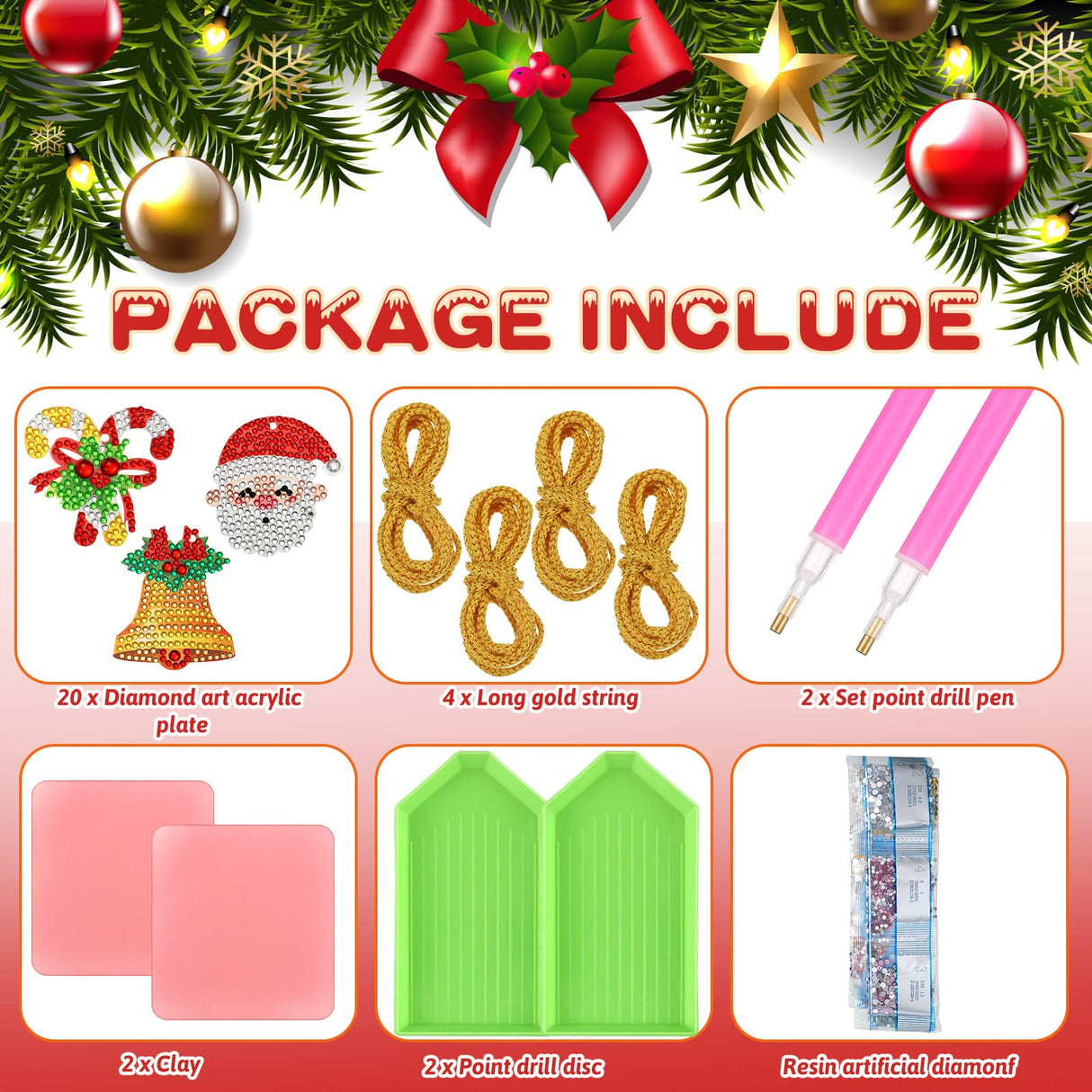 Jetec 20 Pcs Christmas Diamond Painting Ornaments Diamond Art Kits Crystal Painting Ornaments for Crafts Xmas Decor Jetec