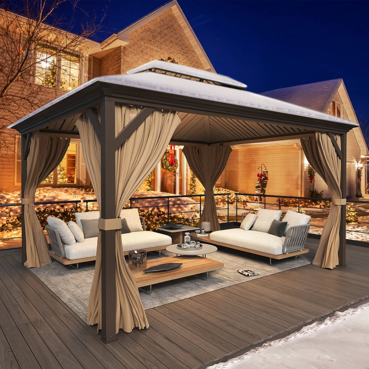 YOLENY 12' x 14' Hardtop Gazebo, Galvanized Steel Metal Double Roof Aluminum Frame Gazebo with Curtain and Netting, Permanent Pavilion Pergola for Outdoor, Patio, Garden, Lawn, Pool Side, Brown YOLENY