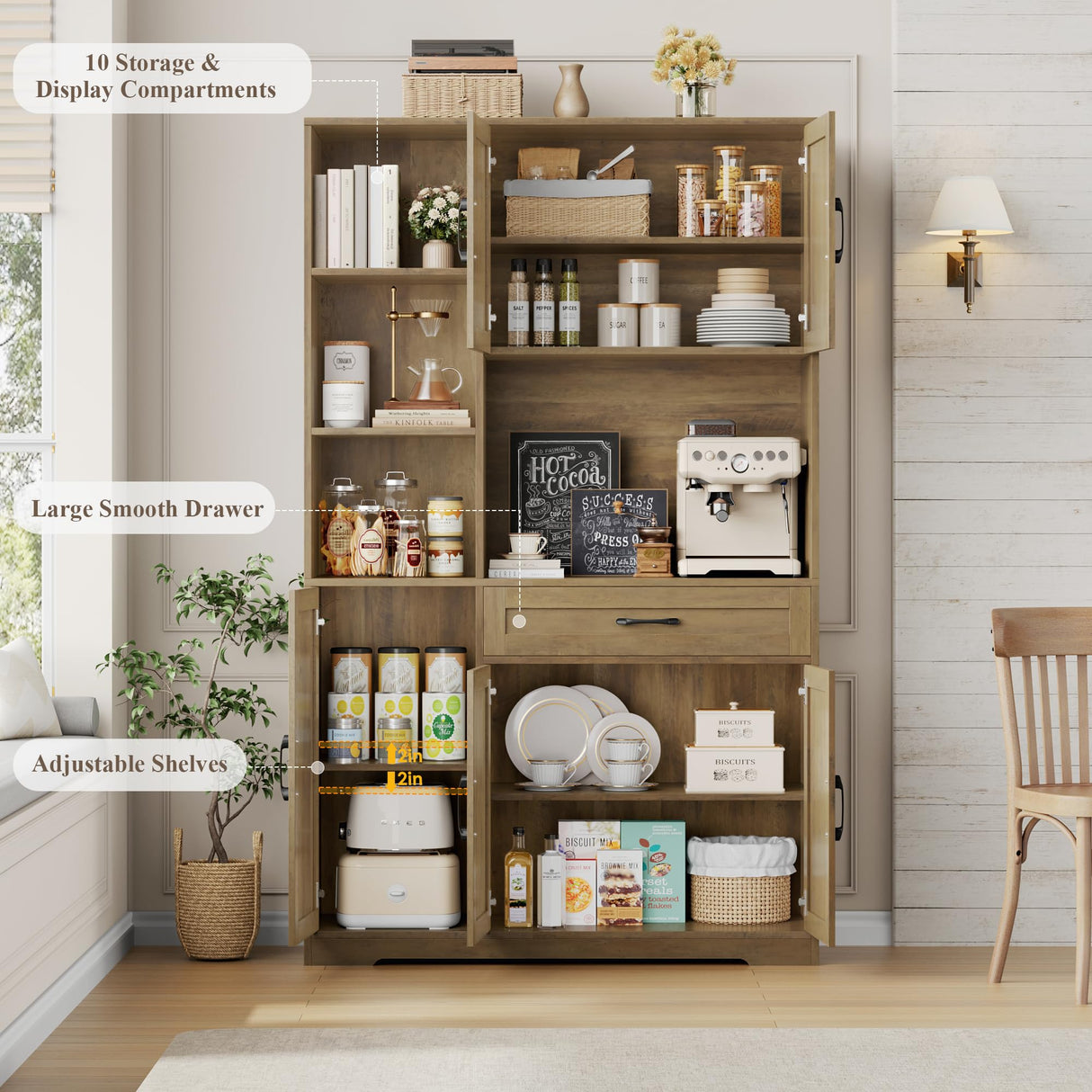 HOSTACK 71" Tall Kitchen Pantry Storage Cabinet, Farmhouse Food Pantry Cabinet with Microwave Stand, Barn Doors Kitchen Hutch Cabinet with Large Drawer and Shelves for Dining Room HOSTACK