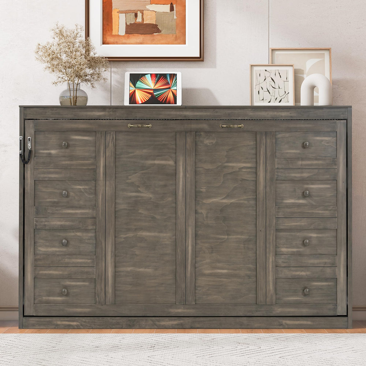 SOFTSEA Twin Size Horizontal Murphy Bed with LED Light, Farmhouse Murphy Bed Cabinet, Hideaway Foldable Wall Bed Space-Saving for Guest Room Bedroom Office, Brown SOFTSEA