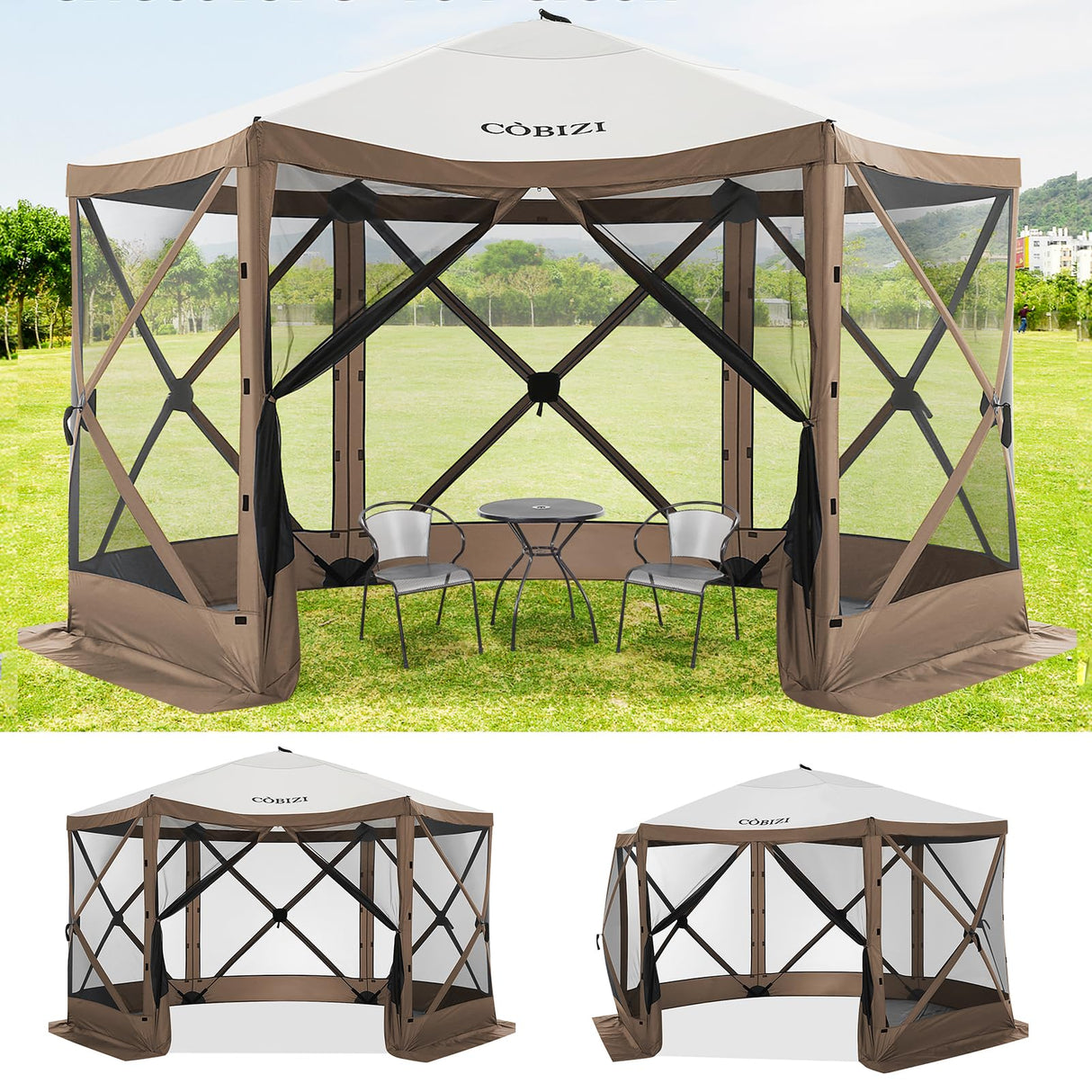 COBIZI 12x12ft Pop up Gazebo Screen Tent Screen House for Camping, Camping Outdoor Screened Gazebo with Mosquito Netting, Portable Hub Tent with Carrying Bag and Ground Stakes, Brown(Upgraded 2.0) COBIZI