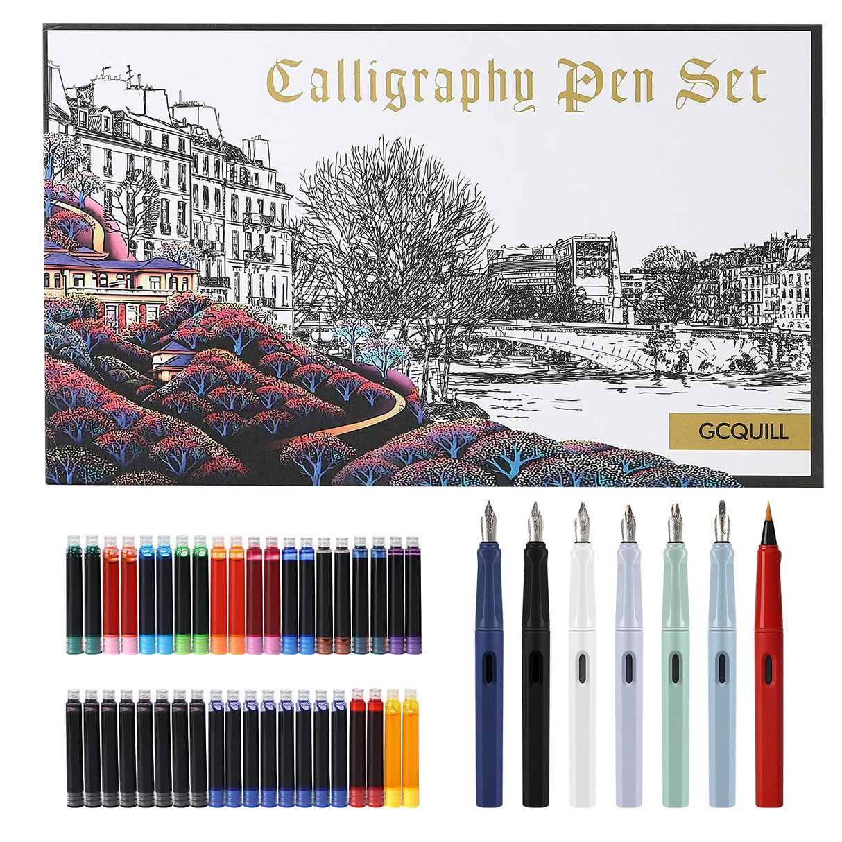 GC QUILL Calligraphy Fountain Pen Set- 7 with Different Nibs and 40 Ink Cartridges for Beginners- MU-09 GC QUILL