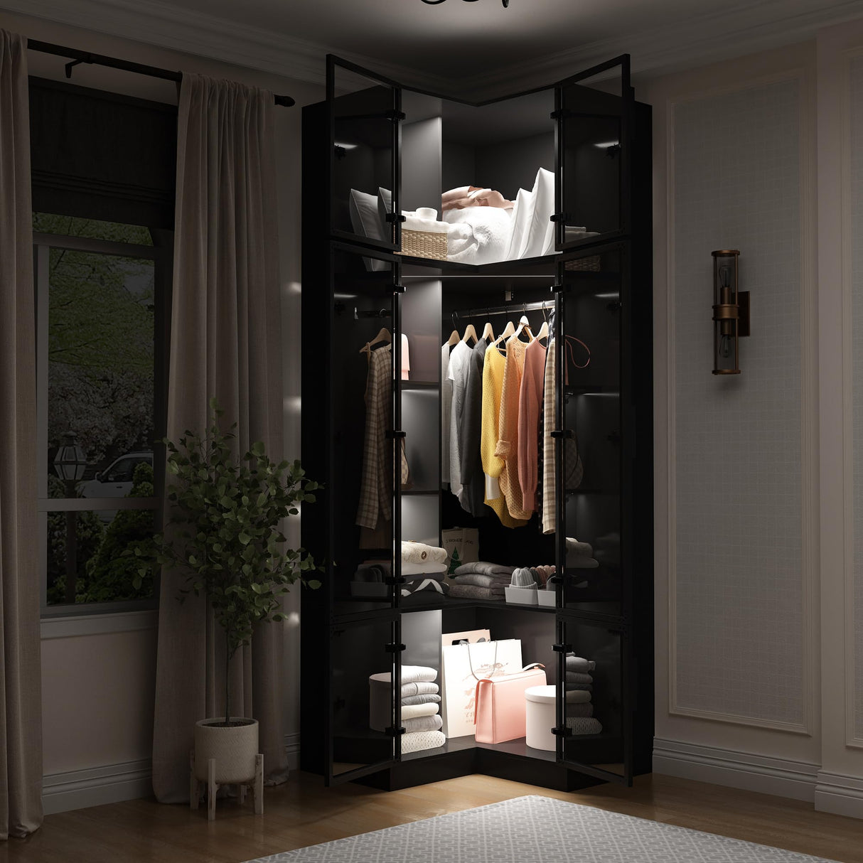 Homsee 94.5" H Corner Armoire Wardrobe Closet with Hanging Rod, LED Lights & Tempered Glass Doors, L-Shape Cloth Storage Cabinet with Top Cubes & Adjustable Shelves for Bedroom, Black Homsee