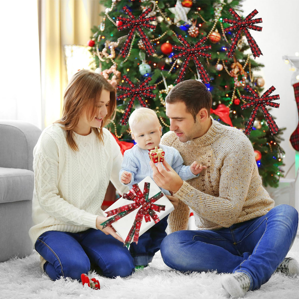 Whaline 5 Rolls 30 Yard Christmas Burlap Ribbon - 1 Inch Snowflake Plaid for Gift Wrapping, Winter Xmas Decorations, DIY Crafts, Wreath Bow Making Supplies Whaline