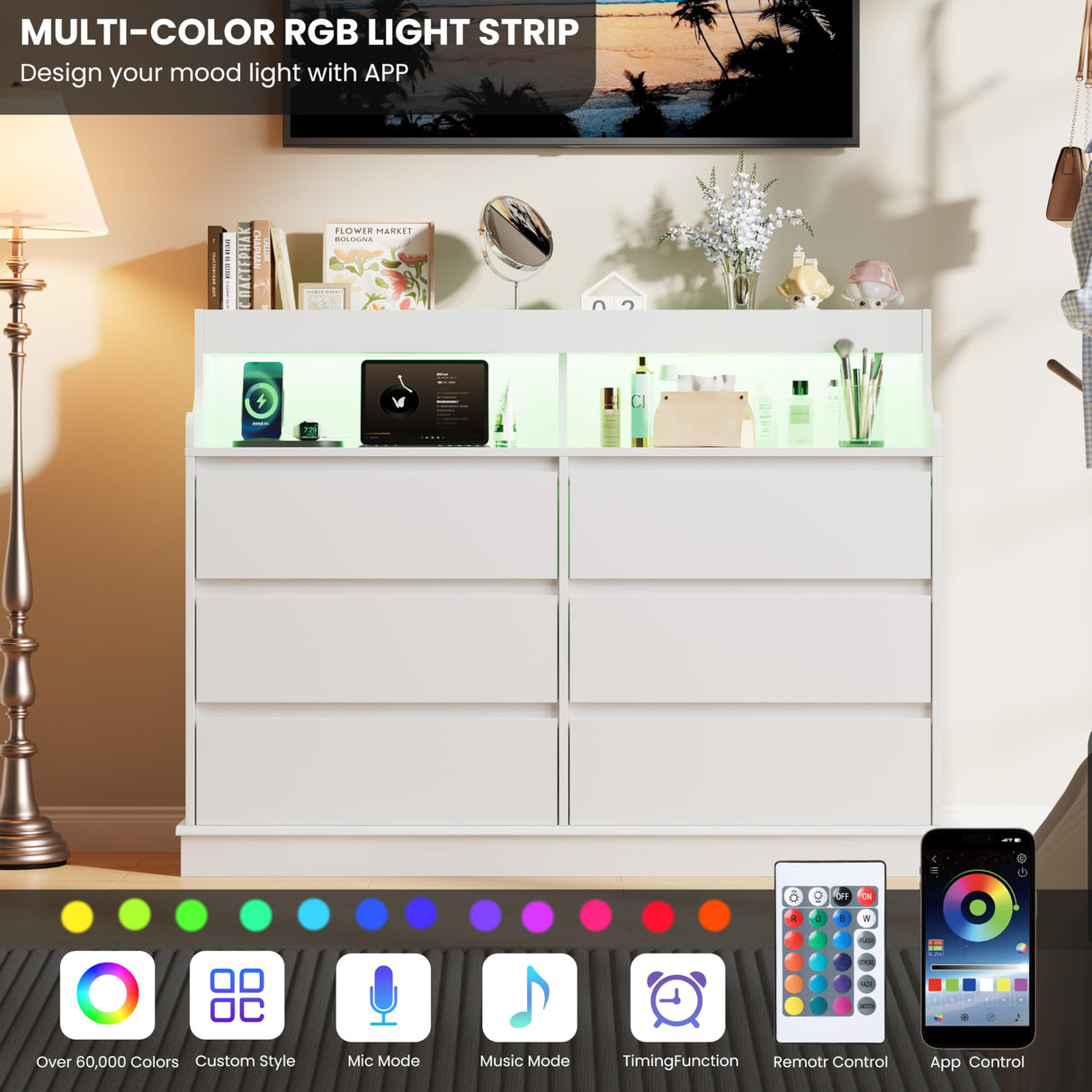 Dresser for Bedroom, 6 Drawer Dresser with LED Lights and Charging Station, Wide Chest of 6 Drawers with Open Space, Modern Large Capacity Storage Cabinet, Living Room, Hallway, White GarveeHome