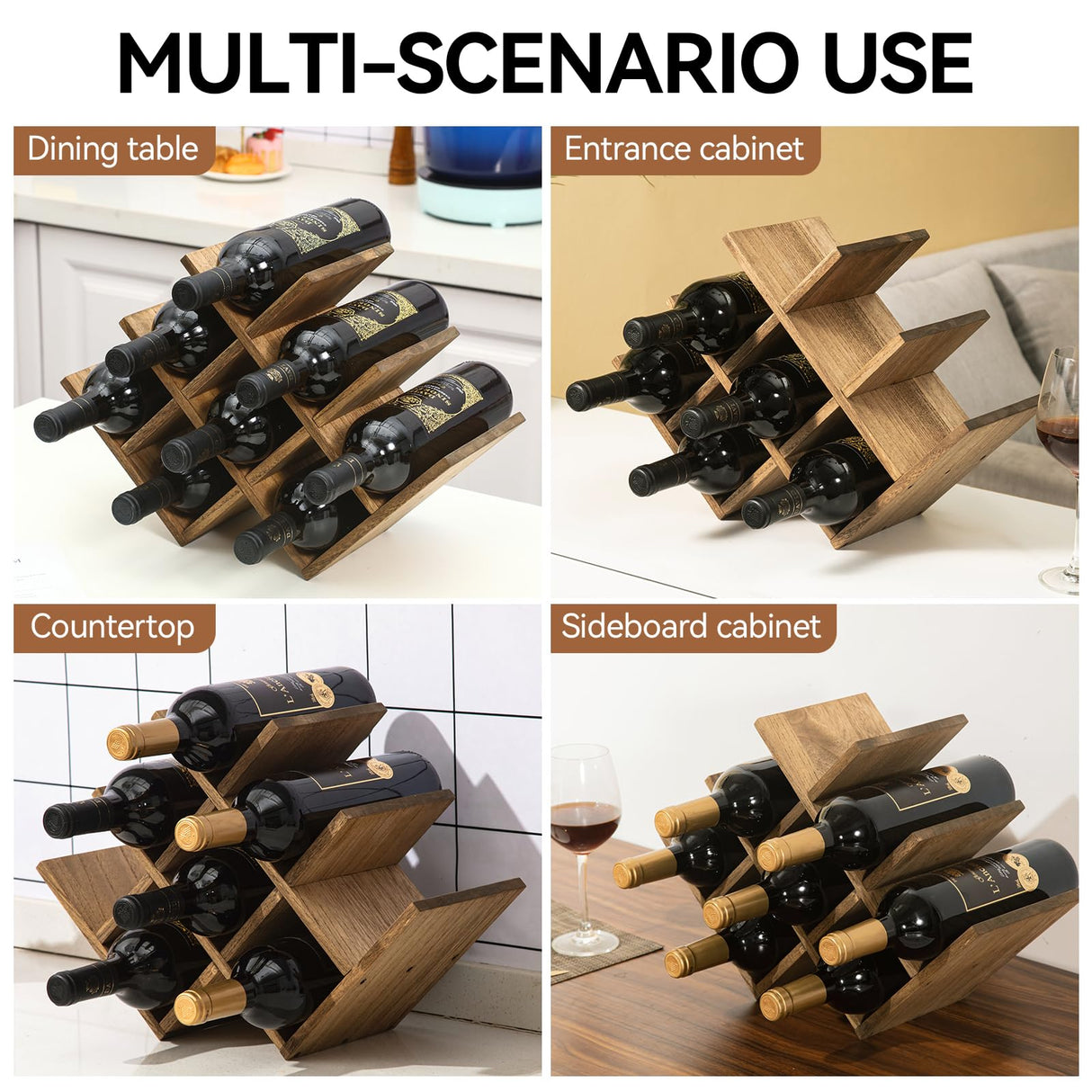 KIRIGEN 8-Bottle Countertop Wine Rack - Wine Bottle Holder for Bar Table/Wine Cabinet Free Standing - Wood 3-Tier Wine Display and Storage Shelves Dark Brown XHJJ3-DBR KIRIGEN