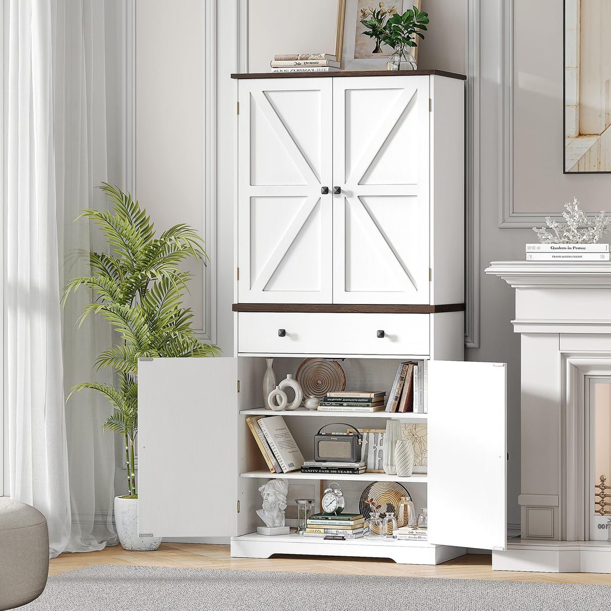 ONBRILL 71" Tall Farmhouse Kitchen Pantry with 6 Door Shelves & Drawer, Wood Pantry Storage Cabinet with 2 Adjustable Shelves & 4 Barn Doors, Freestanding Cupboard for Kitchen, Dining Room, White ONBRILL