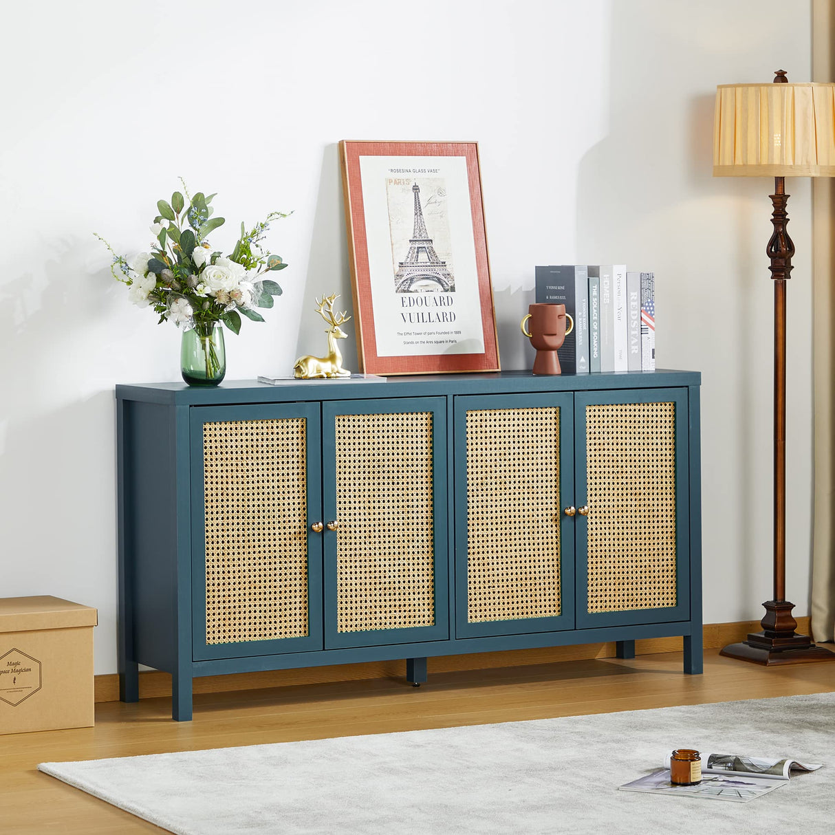 QHITTY Sideboard Buffet Cabinet, Rattan Accent Cabinet Storage Cabinet Console Table with 4 Doors and Adjustable Shelves for Kitchen, Dining Room, Living Room, Hallway (Blue) QHITTY