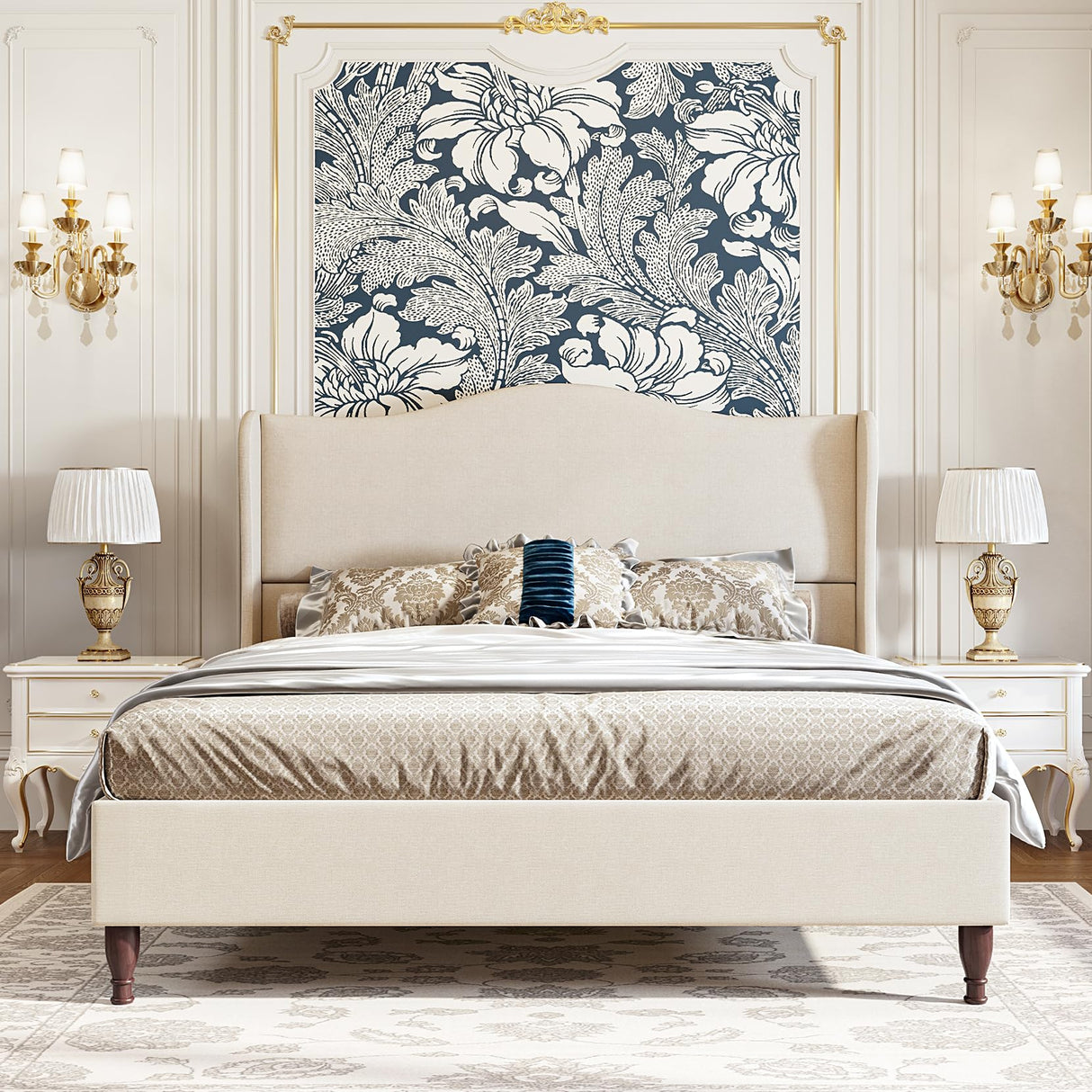 Koorlian King Size Upholstered Platform Bed with 51" Wingback Headboard - Retro Beige Design, No Box Spring Needed koorlian