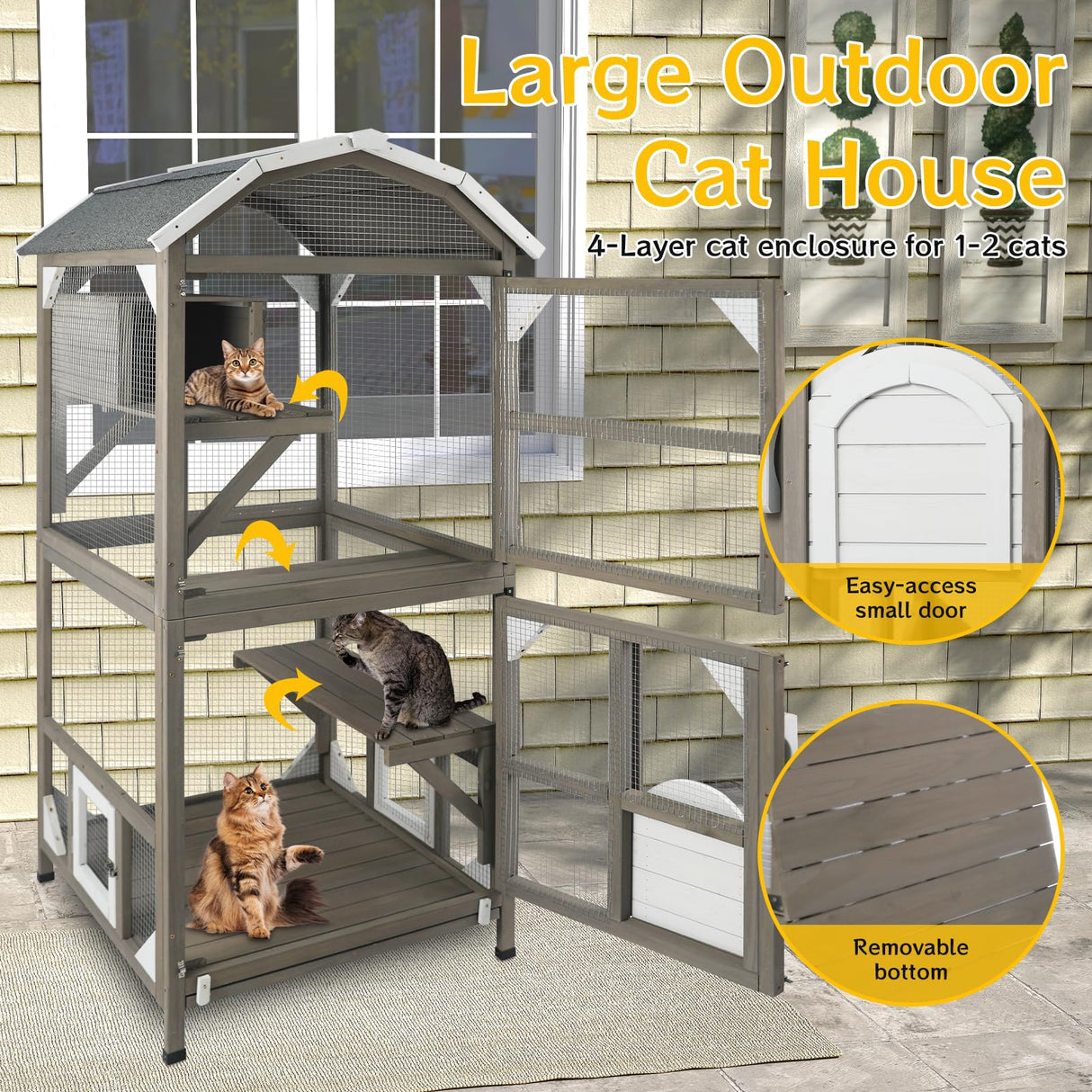 Catio Cat House Outdoor Cat Enclosure Window Large Cat Cage Indoor Outdoor with Multiple Platforms Waterproof Roof and Resting Box Shelter for Stray Kittens (Grey, 29.5" D x 29.5" W x 68.1" H) ketive