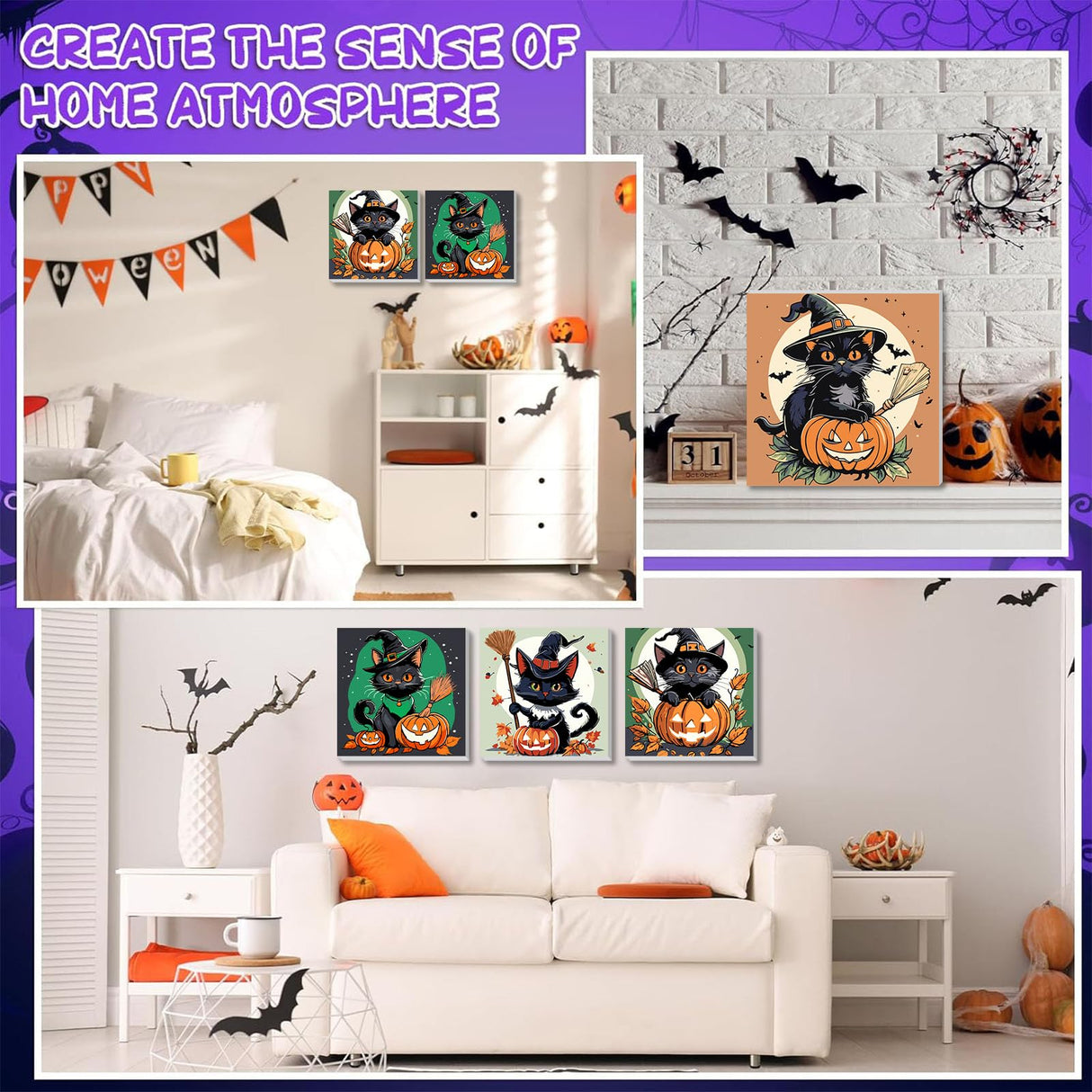 4 Pack Halloween Paint by Number for Kids with Wooden Frame, Paint by Numbers for Kids Black Cat Ages 4-8-12, Easy Pumpkin DIY Acrylic Oil Painting Kits for Home Wall Decor (8X8 inch) xackcme