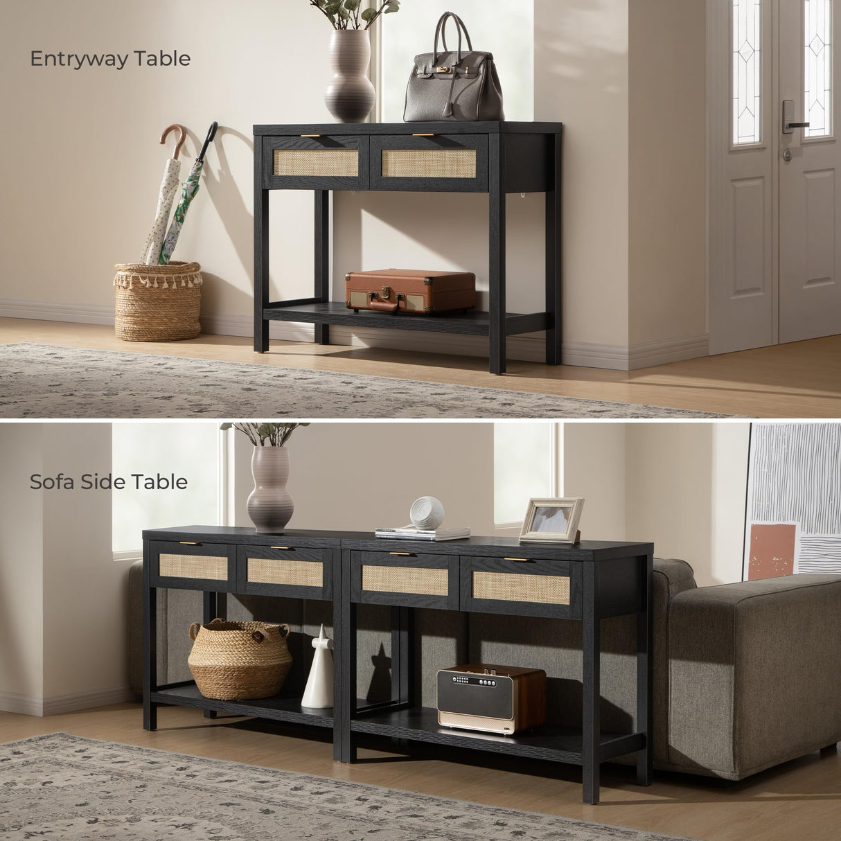SICOTAS Black Console Table with Rattan Drawers - Boho Rattan Entryway Table with Storage, Wood Small Console Tables for Entryway, Entry Table for Hallway, Sofa Table SICOTAS