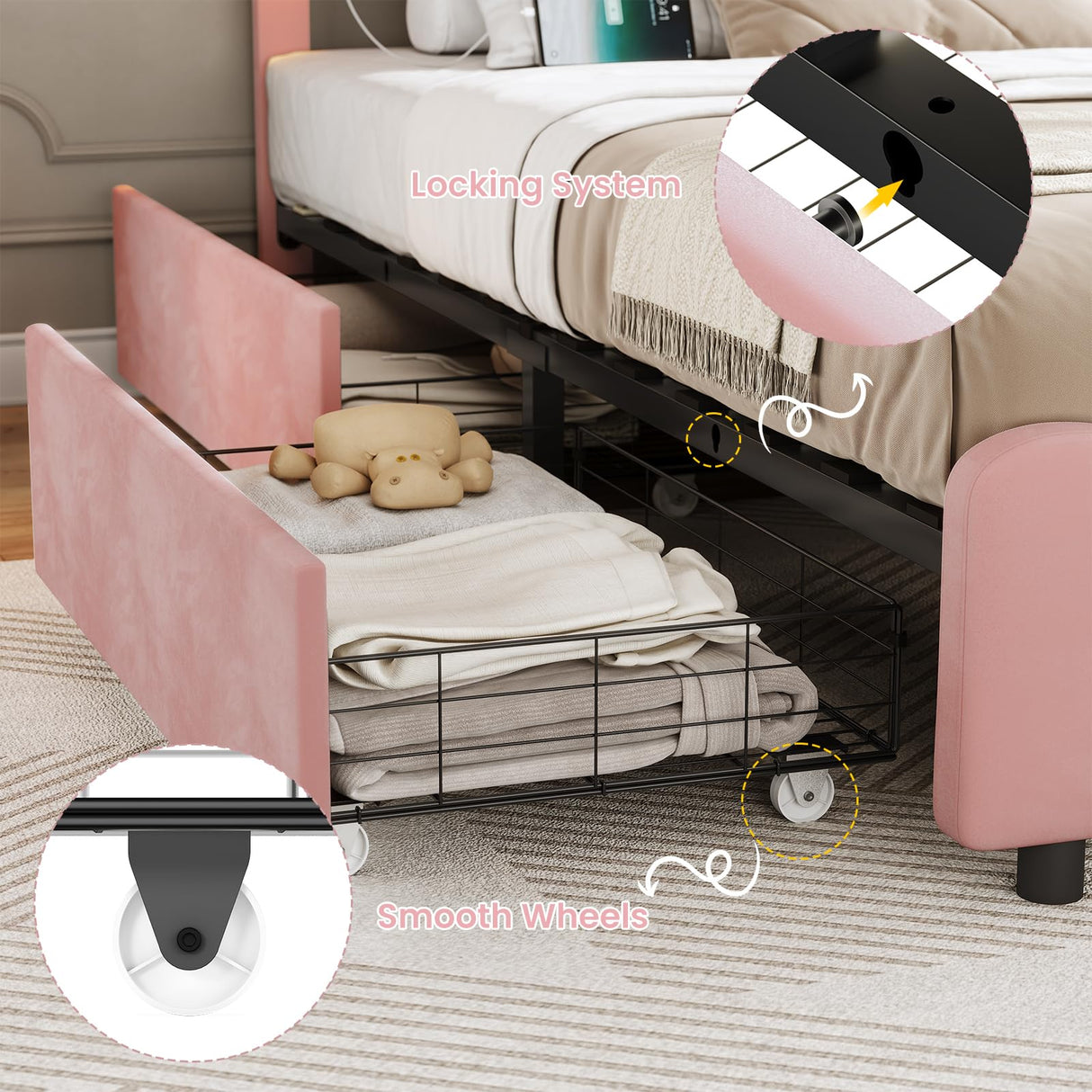 MSmask Twin Bed Frames with 4 Storage Drawers and LED Lights, Velvet Upholstered Platform Bed Frame with Height Adjustable Headboard, LED Bed Frame with Type C & USB, No Box Spring Needed, Pink MSmask