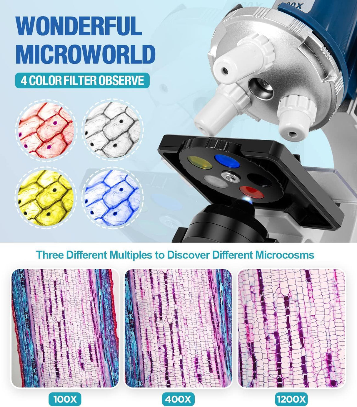 58-Piece Kids Microscope Kit - 100X-1200X Magnification, Metal Body, LED Light, Carrying Box - Science Experiment Toy for Kids Ages 5-12 Uarzt