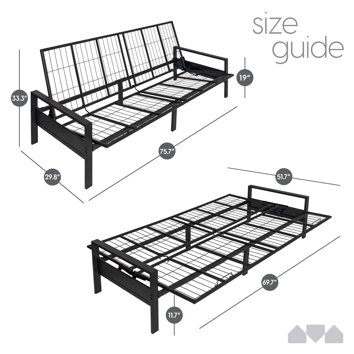 Milliard Metal Futon Frame – Space-Saving Modern Futon Frame Full Size - 2 in 1 Design Perfect for Modern Living Spaces (Black) Milliard