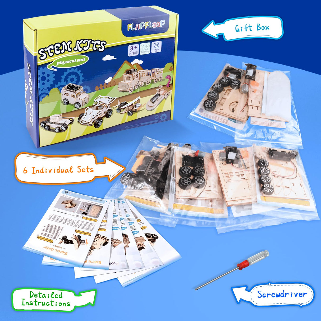 6-in-1 STEM Kits for Kids Age 8-12, Educational STEM Toys for Boys and Girls, Wooden Building Kit for Kids STEM Science Experiments Kit, Ideal Christmas Birthday Gifts for 8 9 10 11 12 13 Year Old FliipFlaap