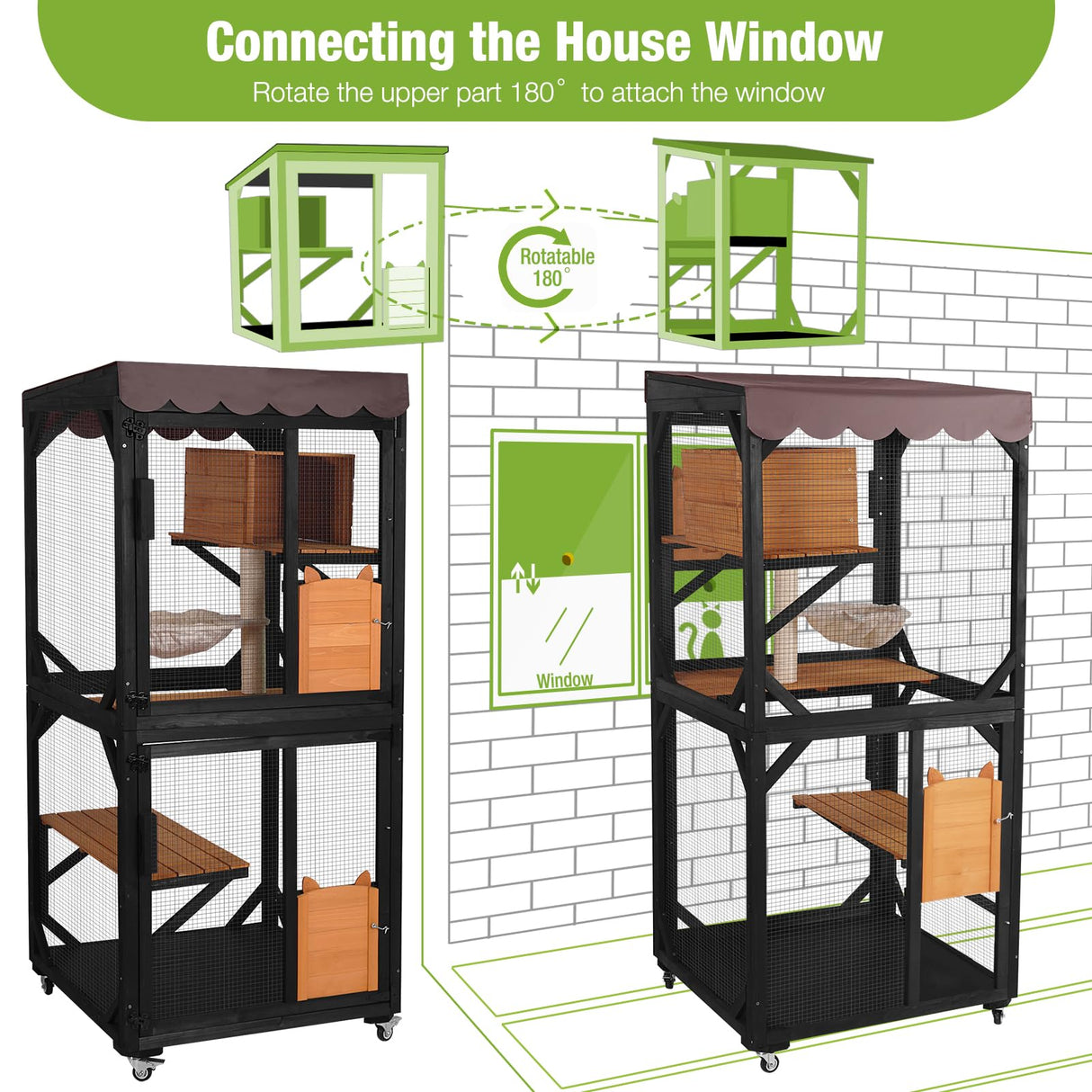 GUTINNEEN Catio Outdoor Cat Enclosure on Wheels - Outside Kitty House with Upgraded Resting Box, PVC Layer, and Waterproof Roof - 71.9" Black GUTINNEEN