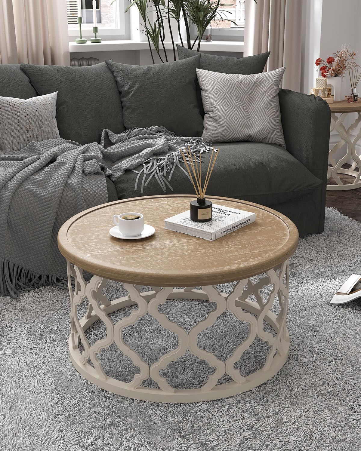 VONLUCE Farmhouse Coffee Table,30'' Round French Country Coffee Table,Distressed Wood Tray Top Vintage Coffee Table with Storage Shelf for Living Room Dining Room Bedroom,Small Space,Beige VONLUCE