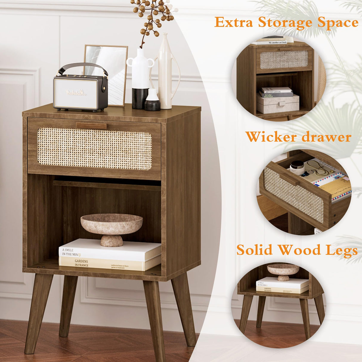 YAUKOMEL Rattan Nightstand,Mid Century Modern Bedside Table with Drawer,Wood Nightstand with Solid Wood Legs,End Table Side Table Accent Table for Living Room,Bedroom,Small Space Caramel Oak CTG62BR YAUKOMEL