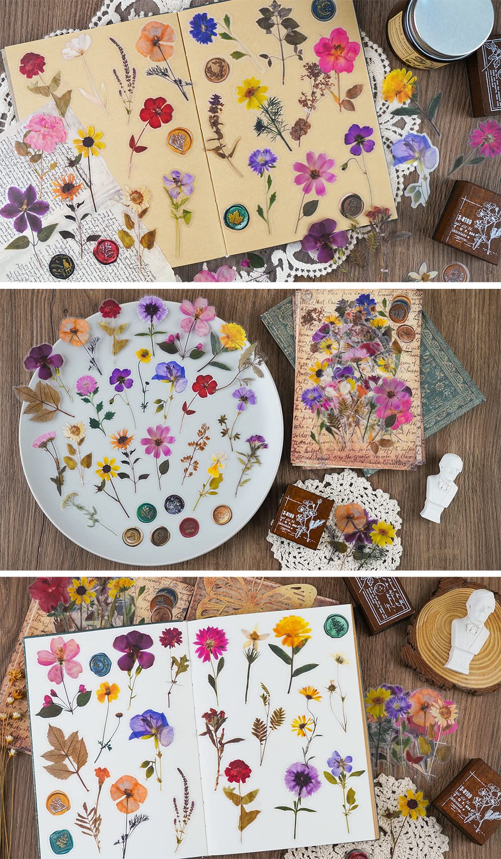 Knaid Pressed Flower Themed Stickers Set (320 Pieces) Dried Flowers Resin Stickers Decals Floral Botanical Journaling Stickers for Scrapbook Supplies Junk Journal Bullet Journal Planner Laptops Knaid