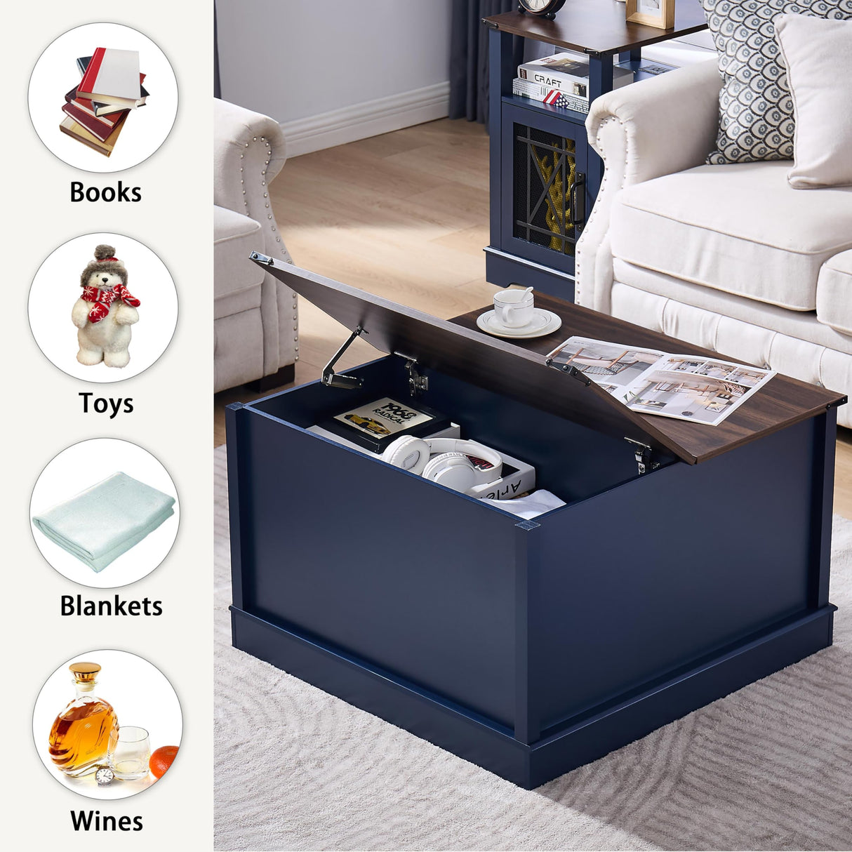 Square Coffee Table Farmhouse Coffee Tables for Living Room, Coffee Table with Storage, Blue Coffee Table with Hidden Compartment, Rustic Center Table with Lift-up Top LIDYUK