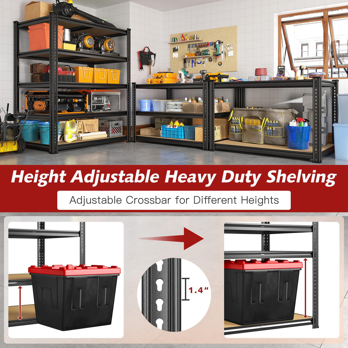 REIBII 72" H Storage Shelves 2300LBS Heavy Duty Garage Shelving Adjustable 5 Tier Garage Storage for Garage Kitchen Basement Industrial Metal Shelf Organizer Black REIBII