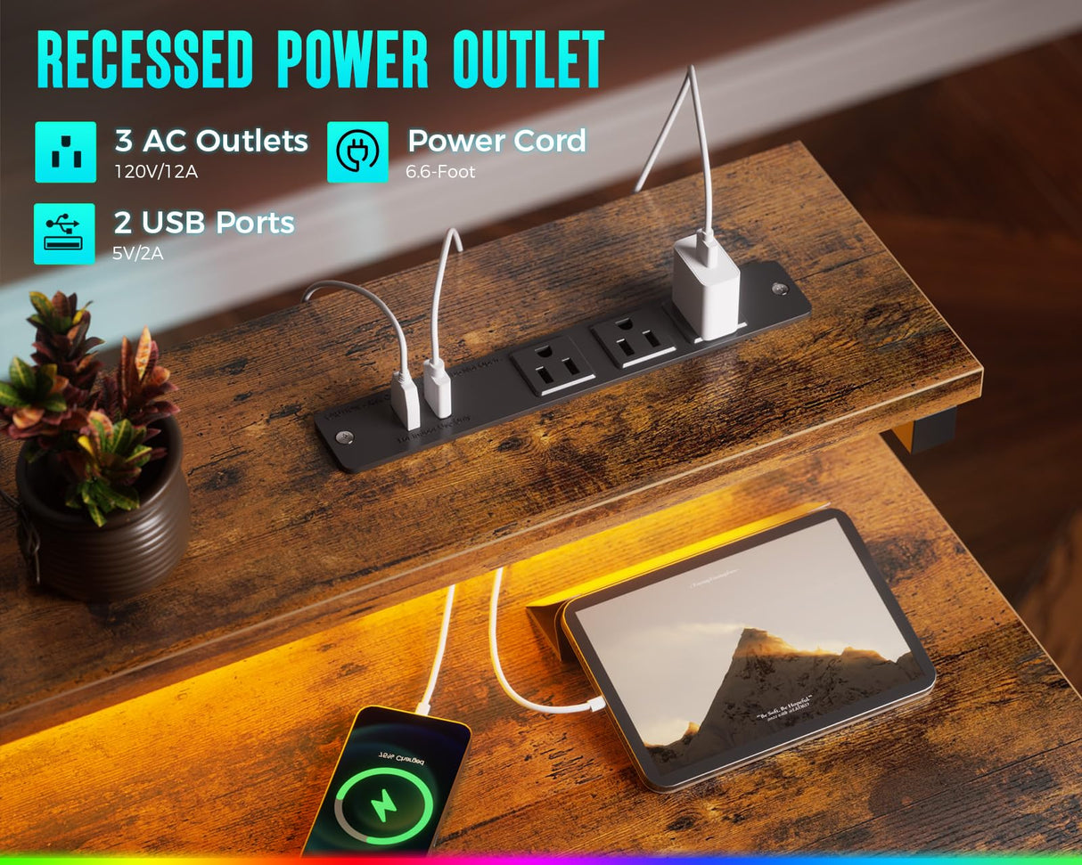 AODK Gaming Desk with LED Lights & Power Outlet, 40 Inch Small Computer Desk with Drawer, Reversible Desk with Adjustable Monitor Shelf & Headphone Hook for Home Office, Rustic Brown AODK