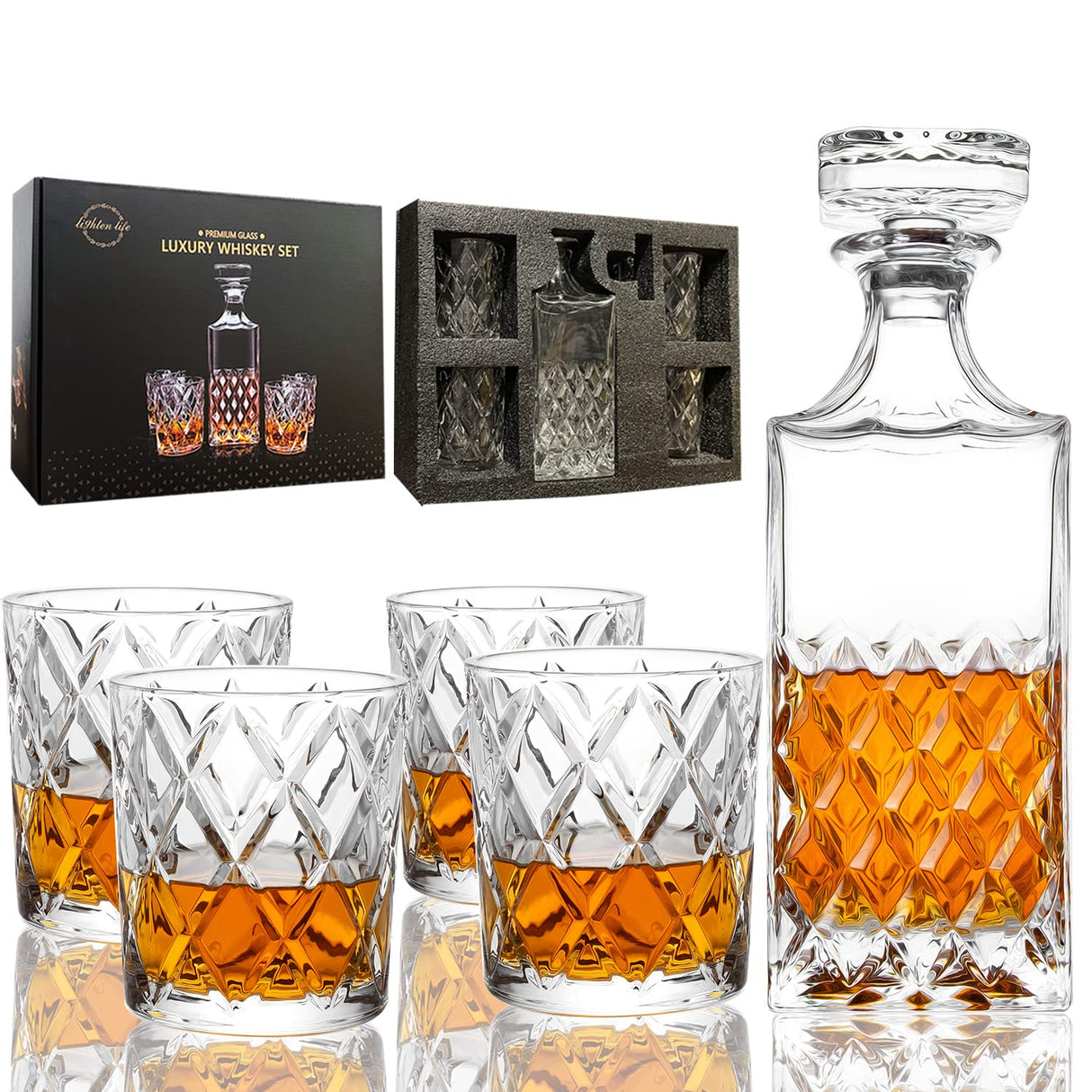 LIGHTEN LIFE Whiskey Decanter Set,Italian Style Decanter Set with 4 Glasses in Gift Box,Crystal Bourbon Decanter Set for Scotch,Liquor,Whiskey Decanter Set for Men and Women LIGHTEN LIFE