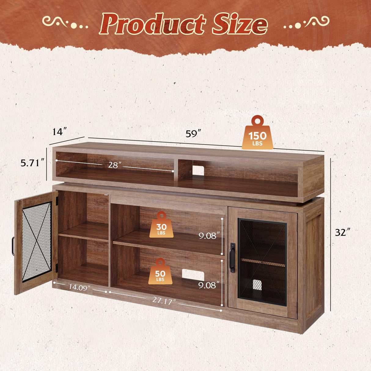 WLIVE TV Stand up to 65 Inch TV, 58" Entertainment Center with LED Lights, Farmhouse TV Media Console with Storage Cabinets, Adjustable Shelves for Living Room, Rustic Brown WLIVE