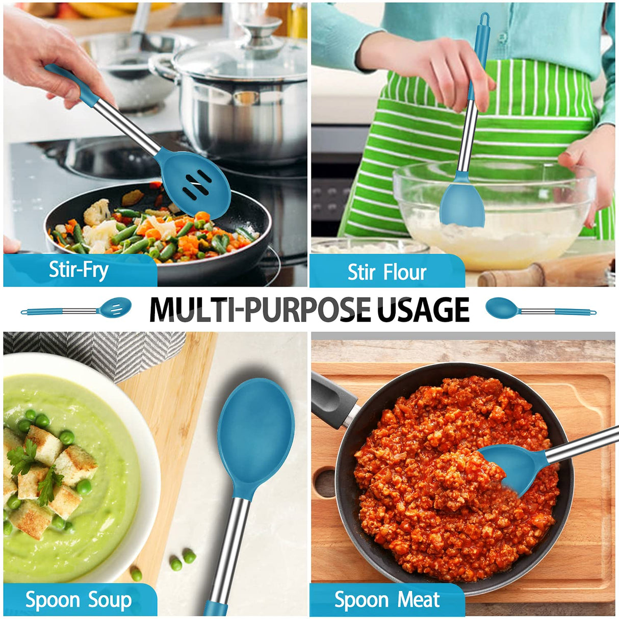Pack of 4 Large Silicone Cooking Spatulas and Spoons, Slotted and Solid Stainless Steel Cooking Utensils Set, Non-stick Heat Resistant Kitchen for Baking, Fried, Stir-Fry, Mixing, Serving (Blue) DaiRen Kitchen