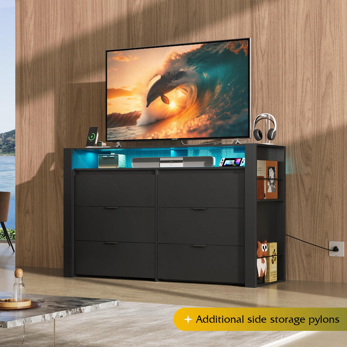 WLIVE 6 Drawer Led Dresser for Bedroom, 50.79'' Black Wood Dresser Storage Organizer with Power Outlets for 55'' TV, Dressers with Open Shelves, Hanging Rack, Chest of Drawers for Closet, Living Room WLIVE