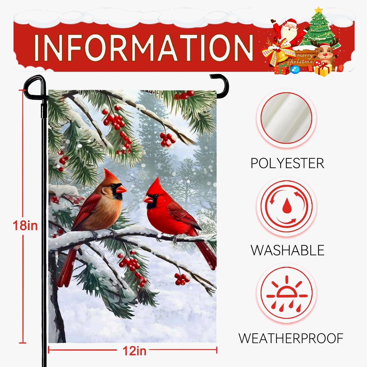 Dacawin Winter Cardinal Bird Garden Flag Red Bird Pine Twigs Yard Flag Double Sided Polyester Holly Berry Snow Seasonal Garden Flags for Outdoor Farmhouse Christams Holiday Decor 12x18 Inch Dacawin