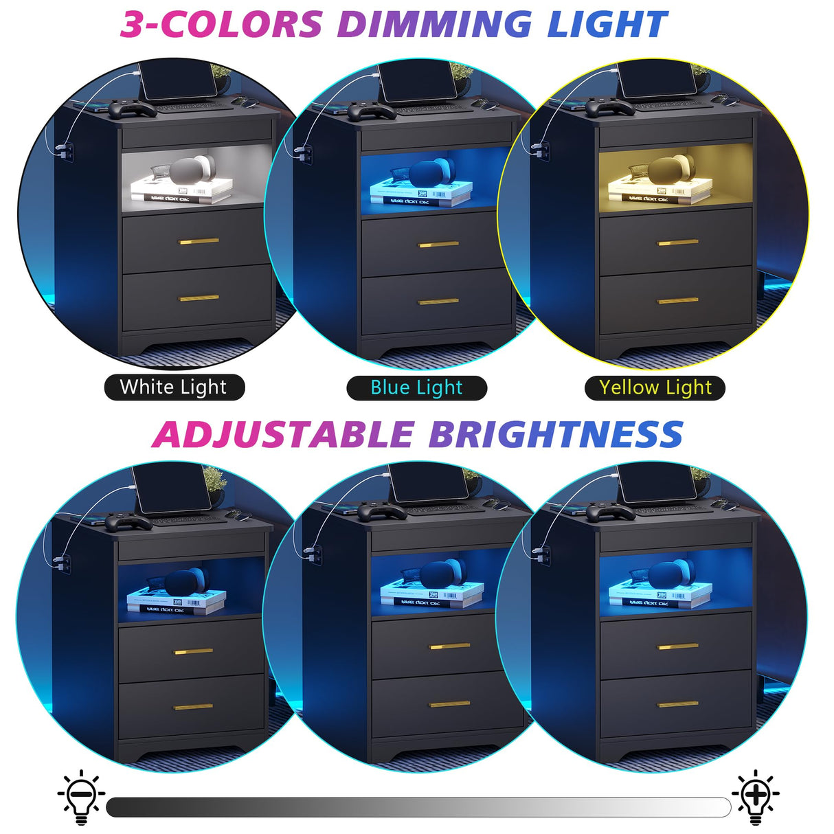 MDGC Nightstand with Lockable Gun Drawer,3 Color Dimmable LED End Table with Charging Station,Bedside Table with Auto Sensor Light,Smart Night Stand with USB-C Ports and 3 Drawers,Bedroom MDGC