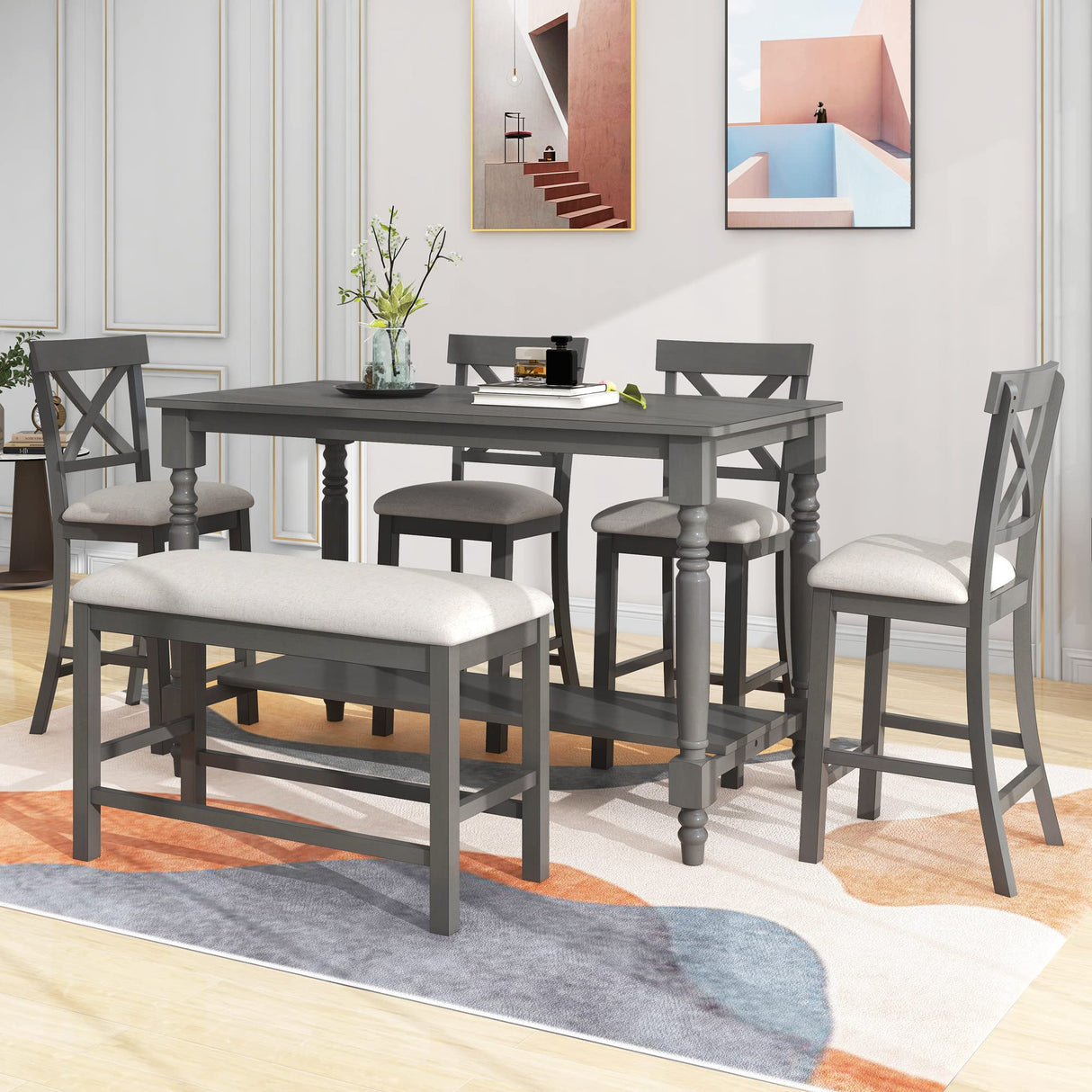 Bellemave Kitchen Dining Table Set for 6, Counter Height Dining Table with Shelf, 4 Chairs and Bench, 6 Piece Wood Rectangular Dining Room Set, Easy Assembly (Gray) Bellemave