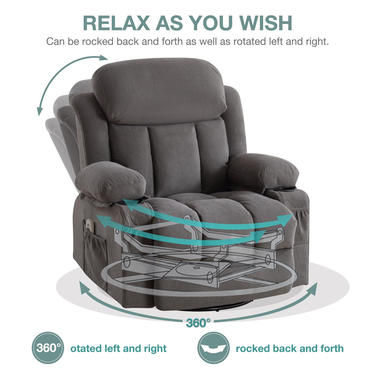 BOSMILLER Massage Recliner Chair, Swivel and Rocking Recliner with Heat and Vibration, Breathable Fabric Ergonomic Single Sofa Chair for Living Room with Cup Holders, Side Pockets and USB (Grey) BOSMILLER