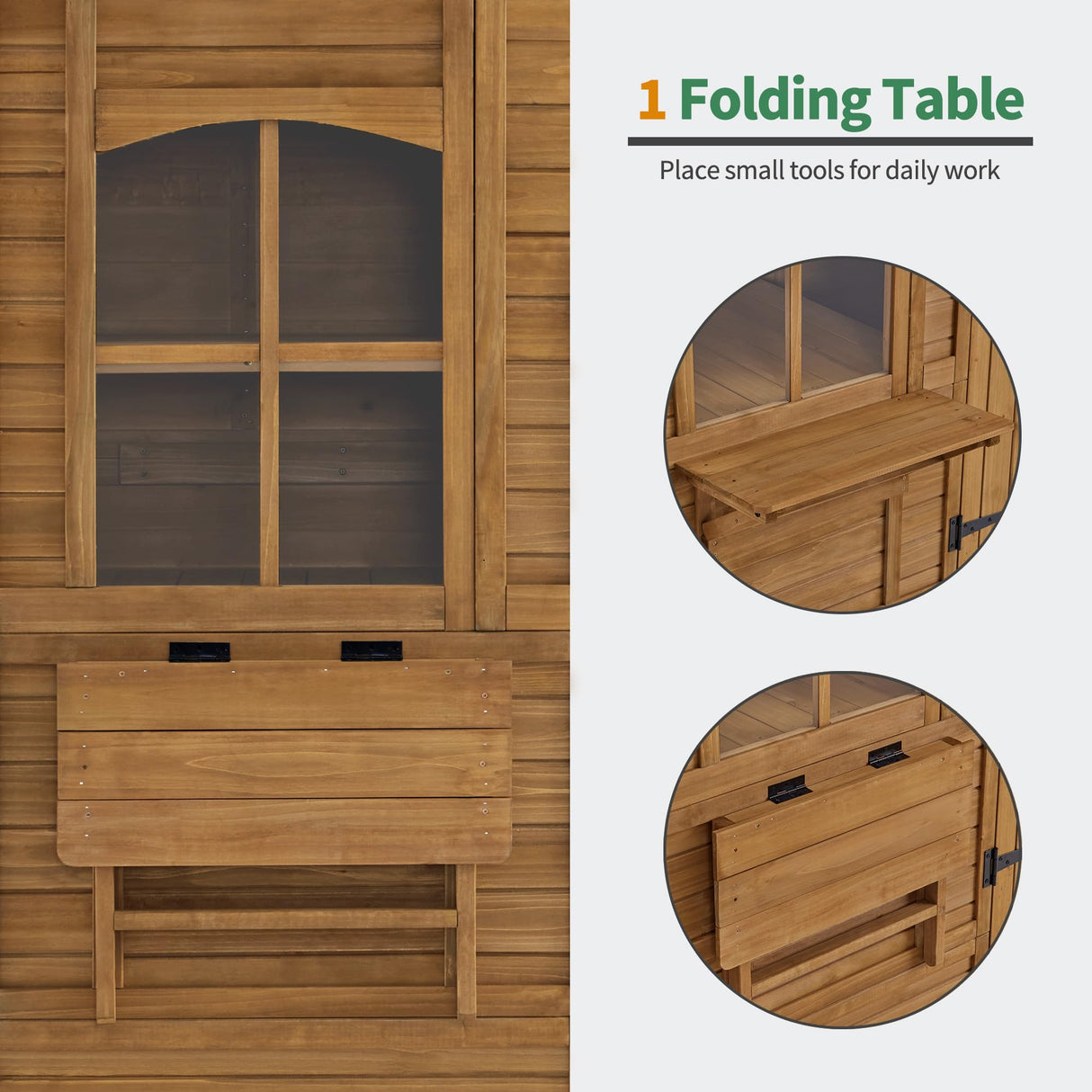 MCombo Outdoor Storage Cabinet, Outside Wooden Storage Cabinet with Waterproof Asphalt Roof and 3 Shelves, Tall Tool Shed with 1 Foldable Table for Yard, Garden, Patio, Lawn 1815 MCombo