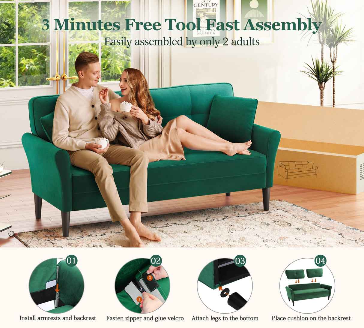 69" Small Sofa, Soft Small Couch with 2 Pillows, Comfy Love Seat Couches, Tool-Free Setup Loveseat Sofa, 700lb Load Sofas for Living Room, Cozy Couches for Living Room, Mini Couch for Bedroom, Green Kidirect