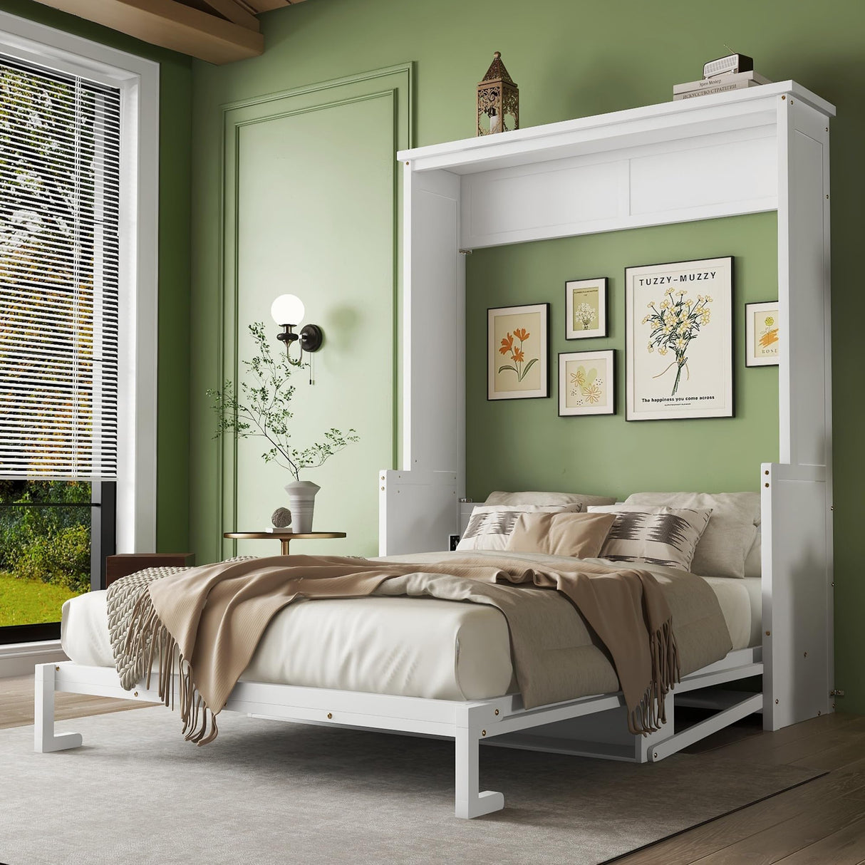 SOFTSEA Queen Size Murphy Bed with Desk, Murphy Cabinet Bed with Gas Struts, Foldable Wall Bed Space Saving for Small Space, Guest Room, Home Office, White SOFTSEA