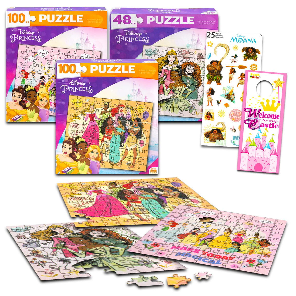 Disney Princess Jigsaw Puzzle for Kids Bundle Princess Activity Set - 3 Pack Disney Princess Jigsaw Puzzles 48, 100 Piece Puzzles Plus Stickers, More | Princess Toys for Girls Disney