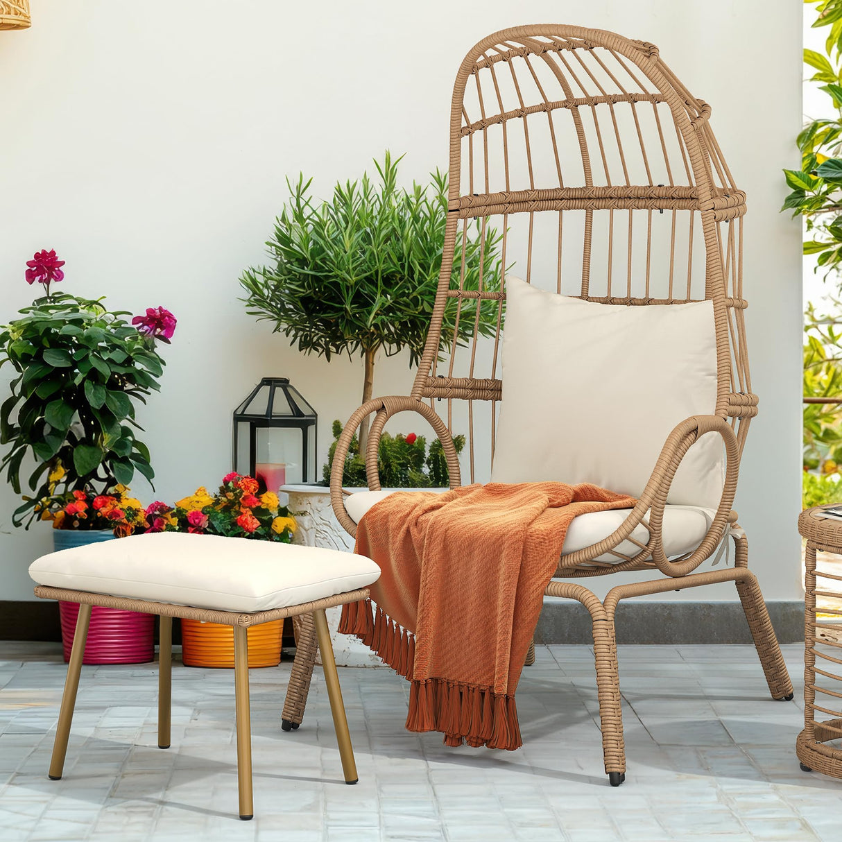 DWVO Egg Chair with Ottoman Outdoor, 370lbs Capacity Wicker Patio Glider Basket Chair with Footrest, All-Weather Small Egg Lounger Chair for Indoor Outside, Beige DWVO