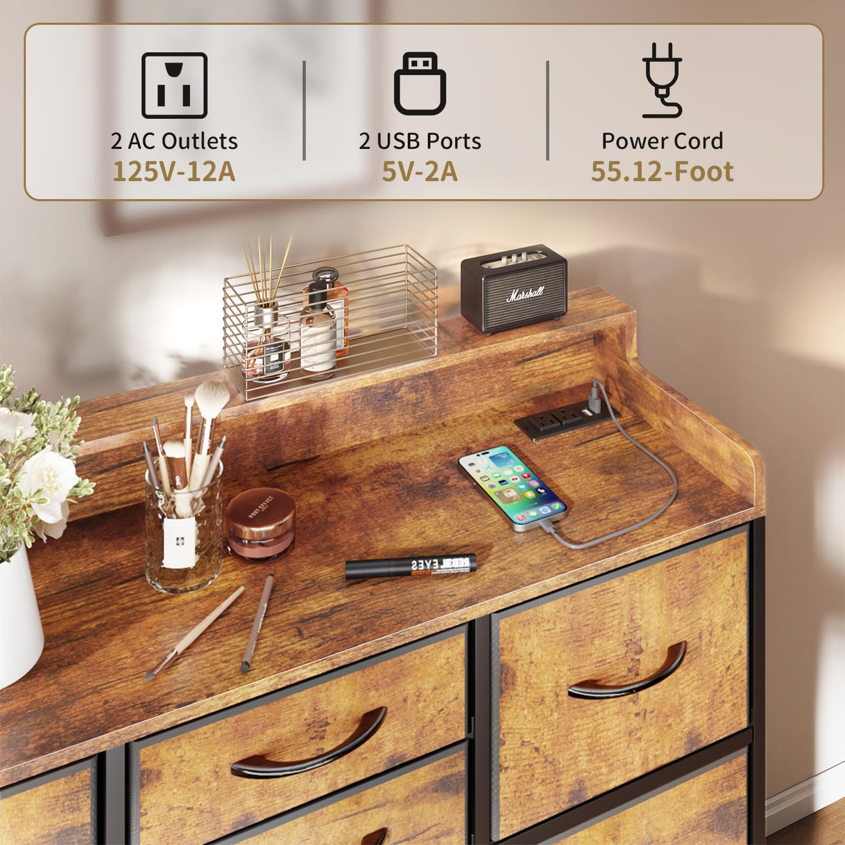 Leadpro Dresser with Charging Station and LED Lights, Dresser for Bedroom TV Stand Dresser with 9 Drawers, Fabric Drawers Storage Dresser Organizer for Living Room, Hallway, Closet (Rustic Brown) Leadpro