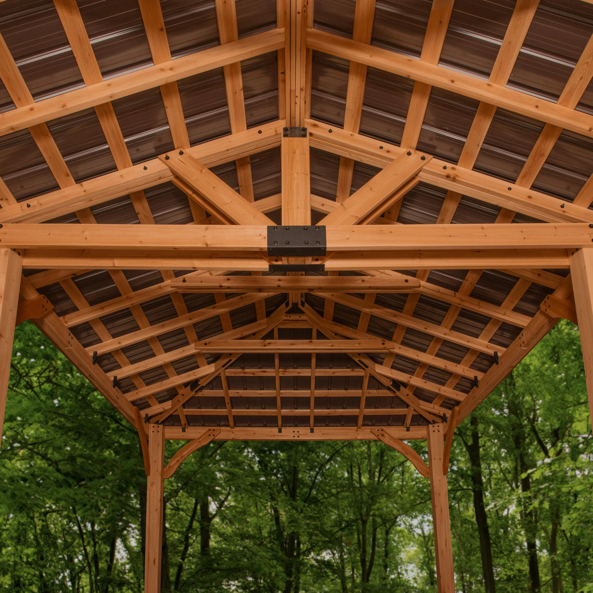 Backyard Discovery Barrington 24' x 12' Cedar Wood Outdoor Gazebo Pavilion with Hardtop Galvanized Steel Hip Roof, Snow Support, Wind Resistance, PowerPort, Shade for Garden, Patio, Deck, Entertaining Backyard Discovery