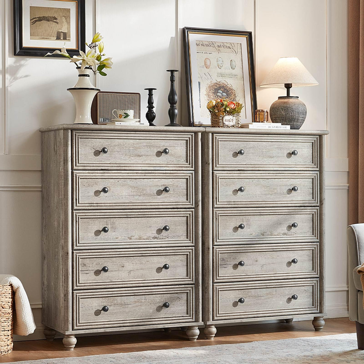 RWYHG Farmhouse 5 Drawers Dresser for Bedroom, Wood 45" Tall Dressers Chest of Drawers, Kids Dresser Rustic Storage Dressers Organizer with Metal Handle Closet for Living Room, Hallway RWYHG