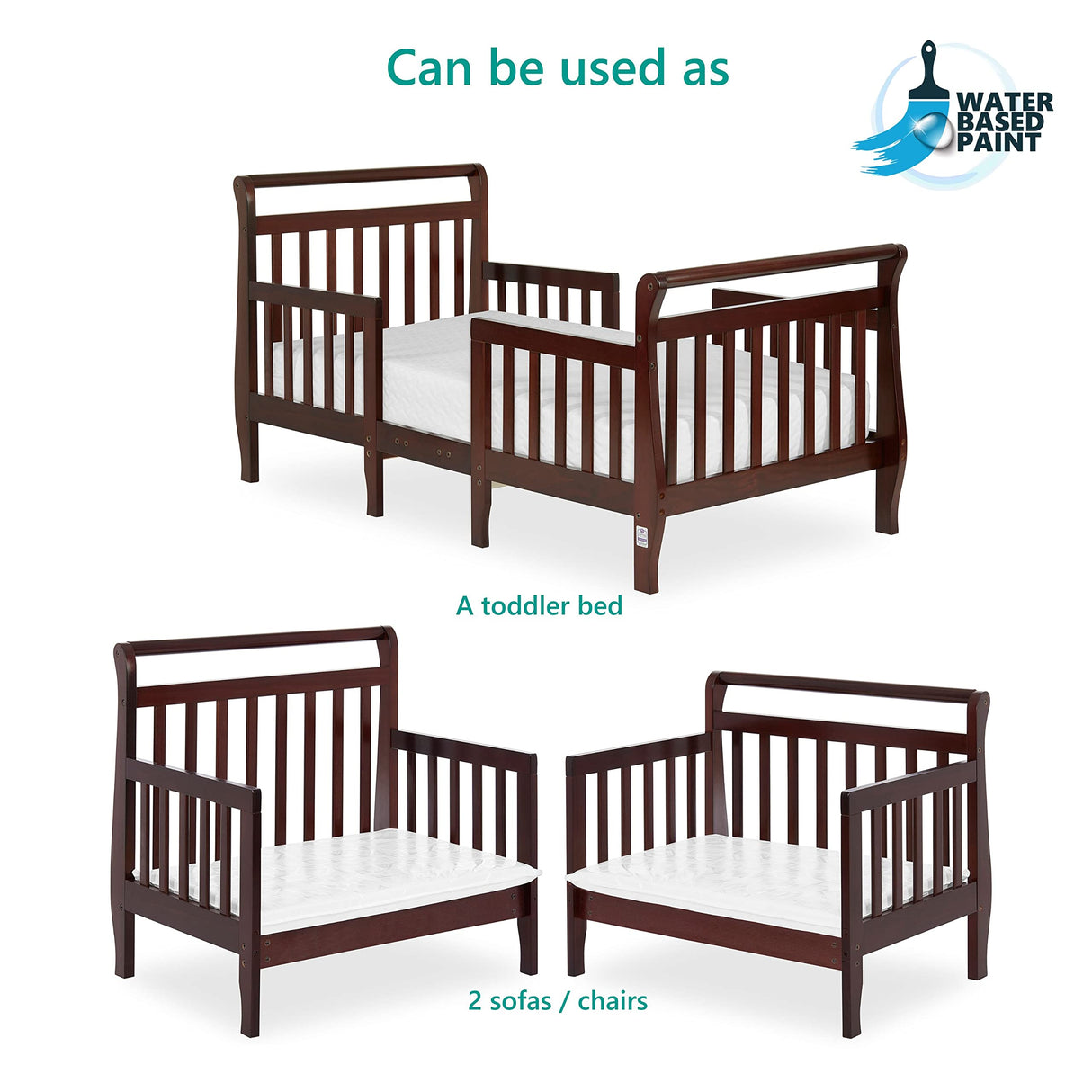 Dream On Me Emma 3-in-1 Convertible Toddler Bed in Espresso, Converts to Two Chairs and-Table, Low to Floor Design, JPMA Certified, Non-Toxic Finishes, Safety Rails Dream On Me