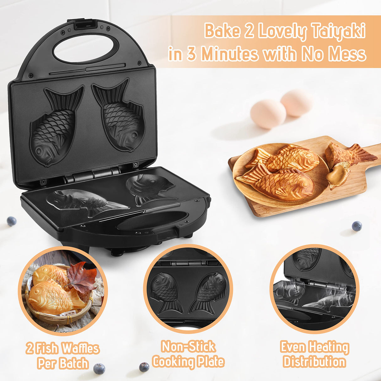 FineMade Taiyaki Fish Waffle Maker Machine with Non Stick Cooking Plate, Electric Japanese Fish Shaped Waffle Iron Pan, Korean Bungeoppang Pan, Recipe Included FineMade
