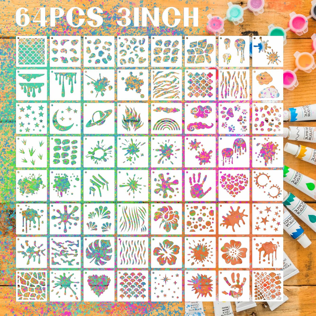 Graffiti Stencils for Crafts - Plastic Reusable Small Stencils for Wood, Rock Painting (64pcs/3inch) Felixcraft
